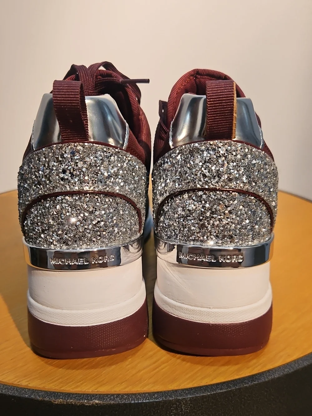 MICHAEL Michael Kors Merlot and Silver Glitter Wedge Sneakers